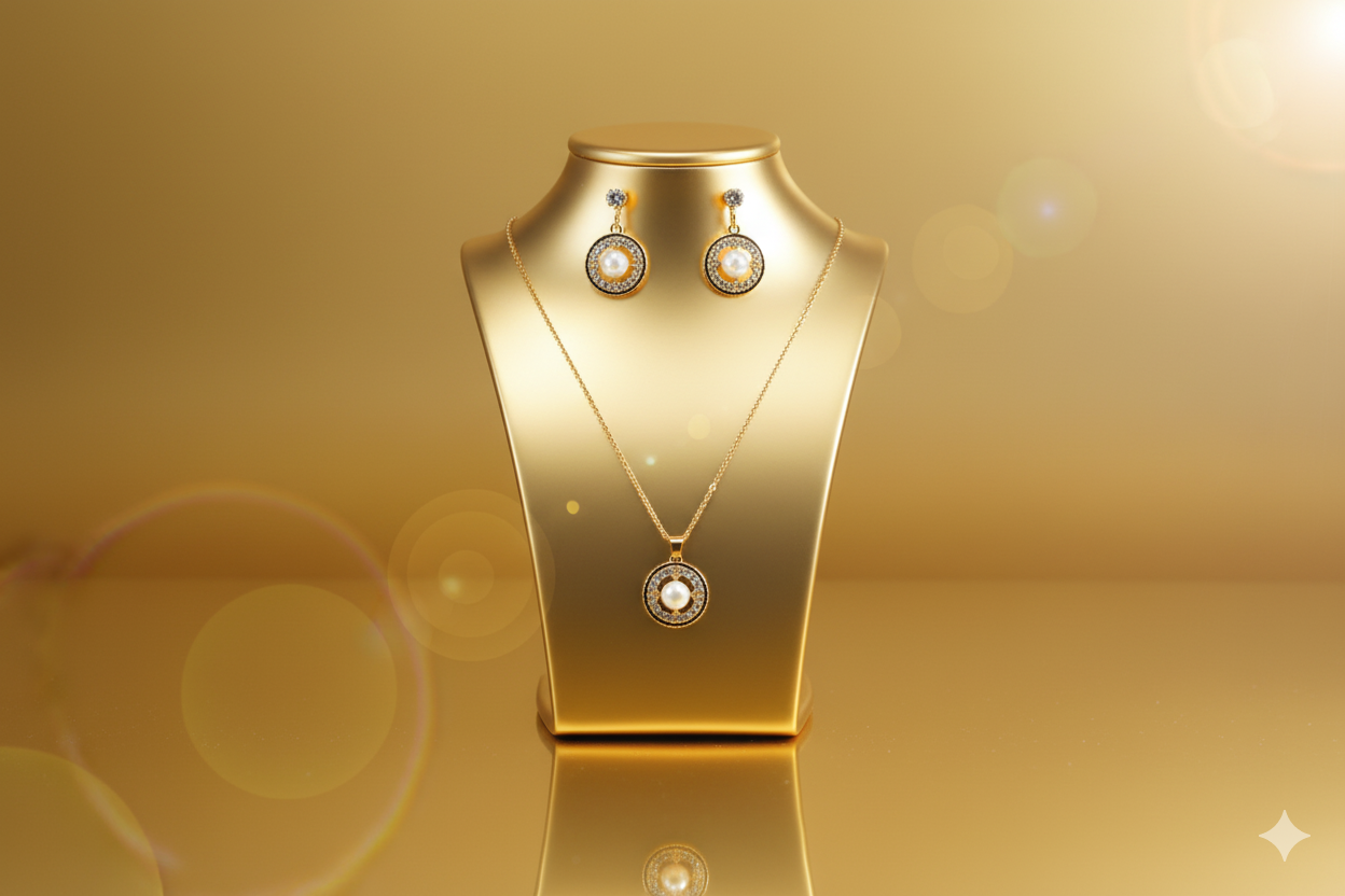 Rounded Pearl and Zirconia necklace and earings set.