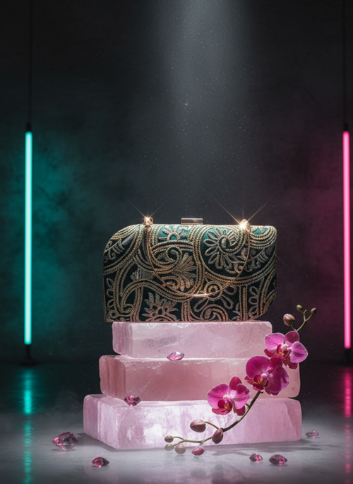 Bottled green and golden floral clutch