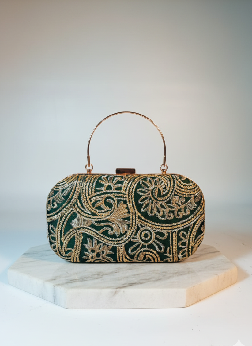Bottled green and golden floral clutch