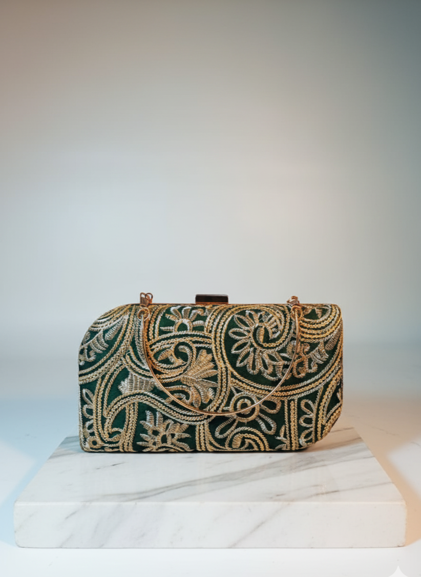 Bottled green and golden floral clutch