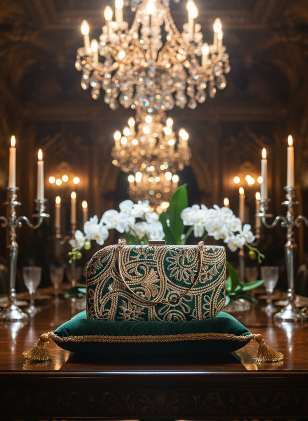 Bottled green and golden floral clutch