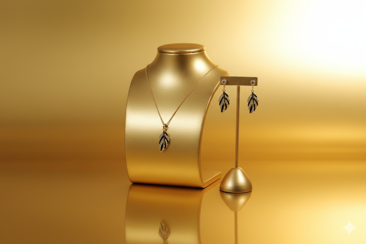 Leaf-shaped Pendant set made of silver and cubic zirconia.