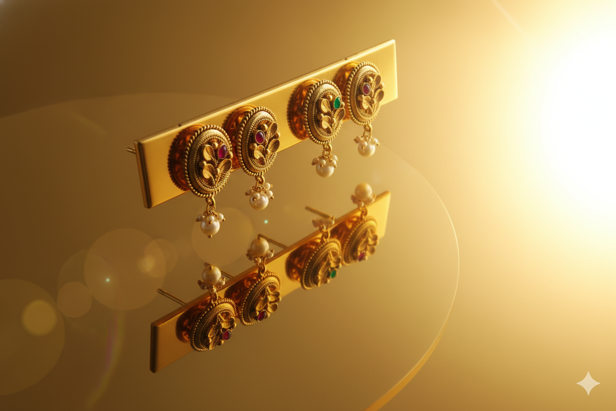 Pearl drop gold-coloured earings with tradional desing.