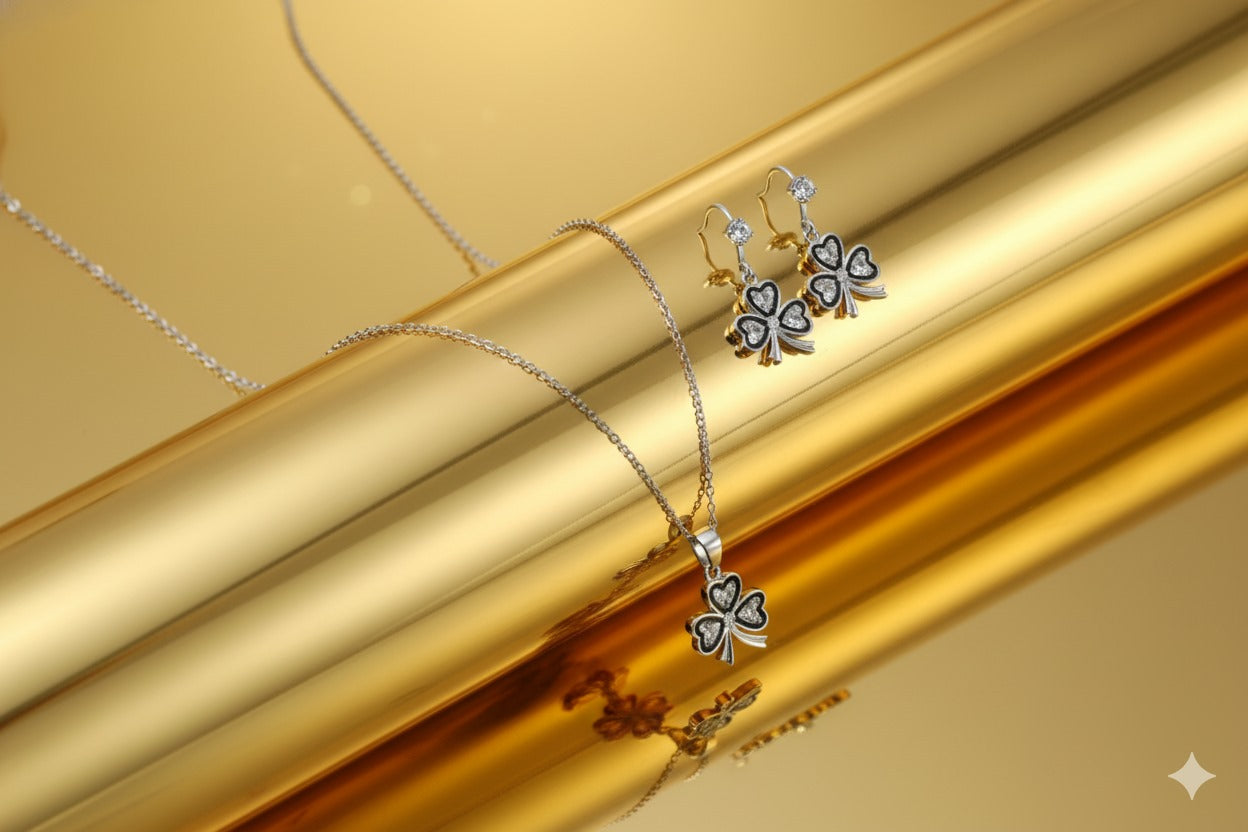 Four-leaf Sterling Clover Silver Necklace and Earing Set.